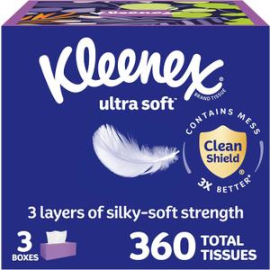 Kleenex Ultra Soft Facial Tissues, 3 Flat Boxes, 120 Tissues per Box, 3-Ply (360 Total), Packaging May Vary (White)