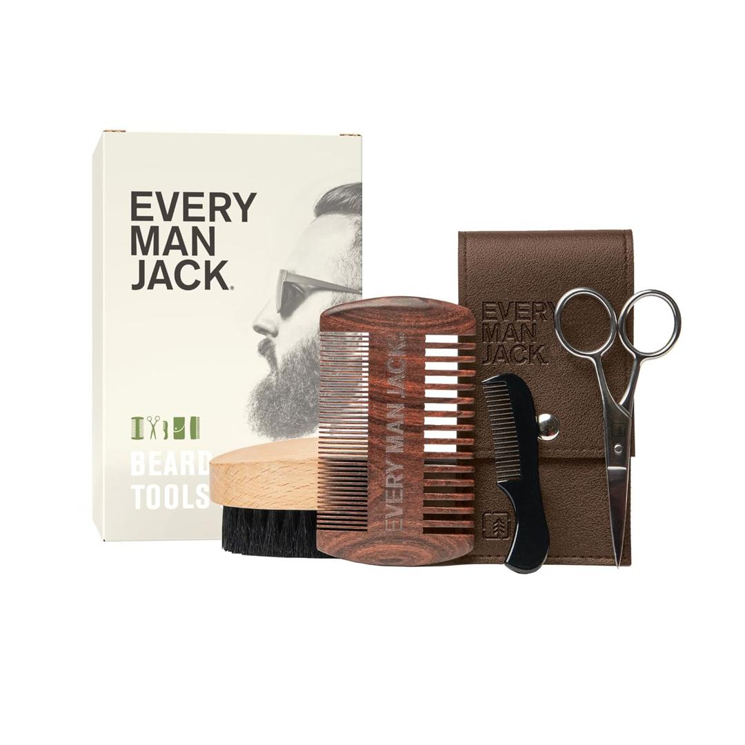 Every Man Jack Beard Grooming Tool Gift Set for Men  Includes Dual-Tooth Comb, Beard Brush, Stainless Steel Shears & Mini Comb  Travel Friendly & Perfect for Daily Maintenance