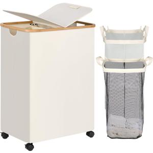 efluky Double Laundry Hamper with Wheels, Divided Laundry Hamper with Removable Bags, 2 Section Dirty Clothes Basket with Handles for Bathroom, Bedroom & Laundry Room, 160L Beige