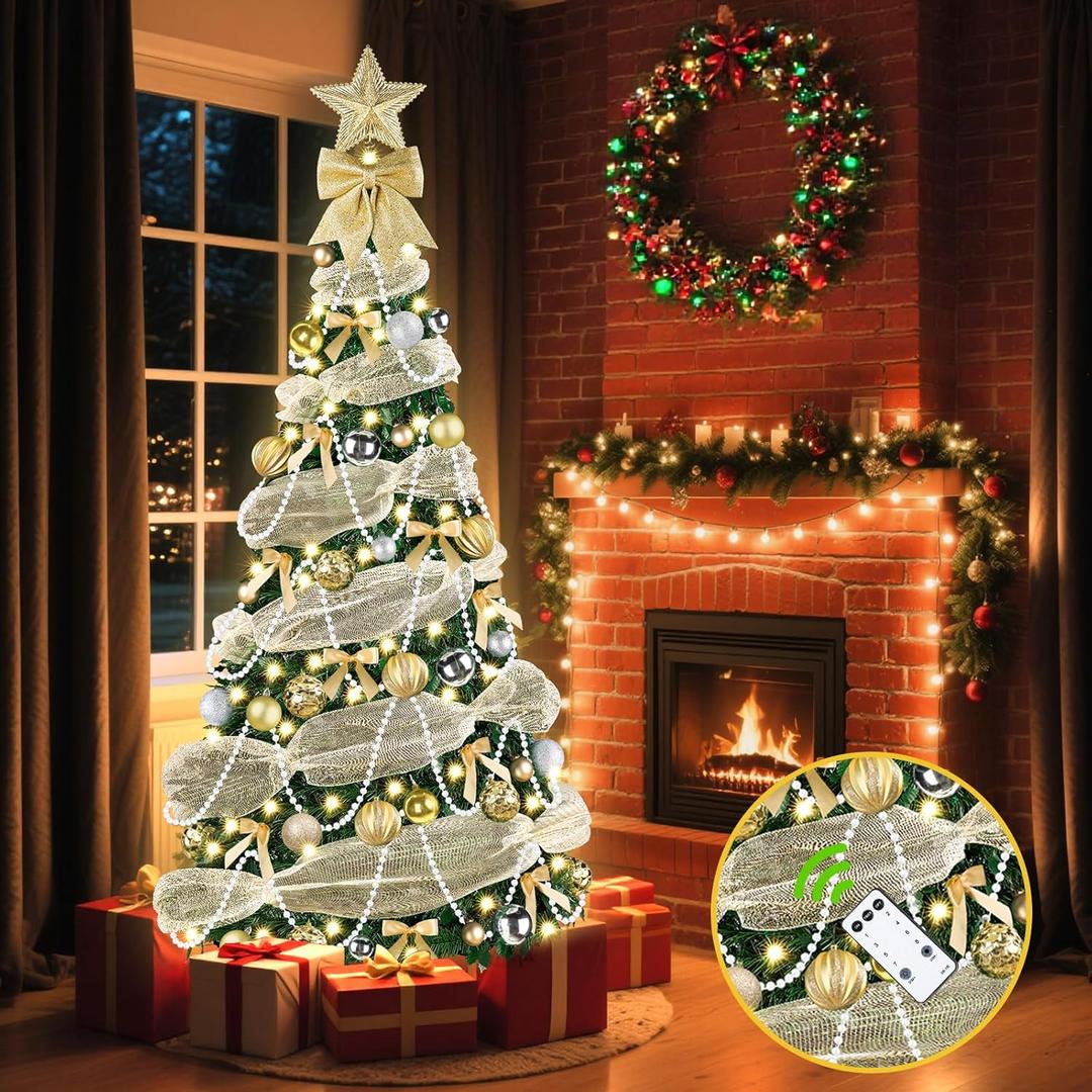 6FT Pop Up Christmas Tree with Lights, Collapsible Artificial Christmas Tree with 8 Lighting Modes and Timer Remote, Easy Storage, Pre-Lit Xmas Tree for Home Office Apartment Party Holiday Decor (Green Stripes)