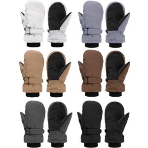 Newcotte 6 Pairs Winter Ski Mittens Kids Waterproof Warm Snow Gloves for Boys Girls Cold Weather Outdoor Activities (5-8 Years, White, Light Gray, Light Brown, Brown, Dark Gray, Black)