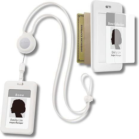 Bone Lanyard Retractable Badge Holder, Vertical ID Card Case with Card Slot & Anti-Slip Design, Large Storage Capacity, Adjustable Silicone Neck Strap with Retractable Cord (White - Vertical)