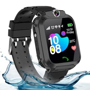 Kids waterproof smart watch, SIM card for make and receive calls, with Puzzle games, touch screen, HD camera, Music Player, GPS position, suitable for children aged 3-12, Best gift for Kids (Black)