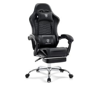 Gaming Chair, Computer Office Chair with Footrest, Massage Lumbar Support and Gel Pad, Ergonomic Reclining Adjustable Leather Gamer Chair with Headrest and Spring Cushion Black