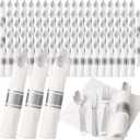 200Guests Pre Rolled Silver Plastic Silverware Sets - Heavy Duty Silver Cutlery - Include 200 Pack Wrapped Disposable Utensils with Napkins for Parties & Dinners & Weddings