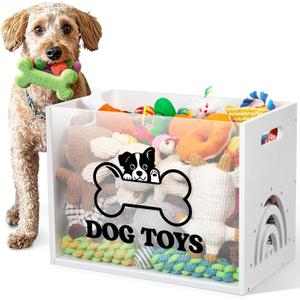 Dog Toy Box Large Wooden Dog Toy Chest with Handle Wooden Storage Bin with Acrylic Board Storage Box for Puppy Toys Pet Food and Accessories Organizer Holder Basket for Living Room Area (White, Dog)