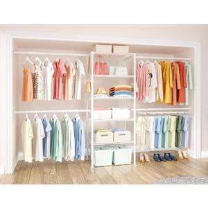 Ulif M2 Closet Organizer System, 5.9 Feet Height Mounted to the Wall Garment Rack with 4 Expandable Hanger Rods, 5 Shelves in 23.6" L x 14.5" W, Suit Total Space from 5.8-8.8 ft, White