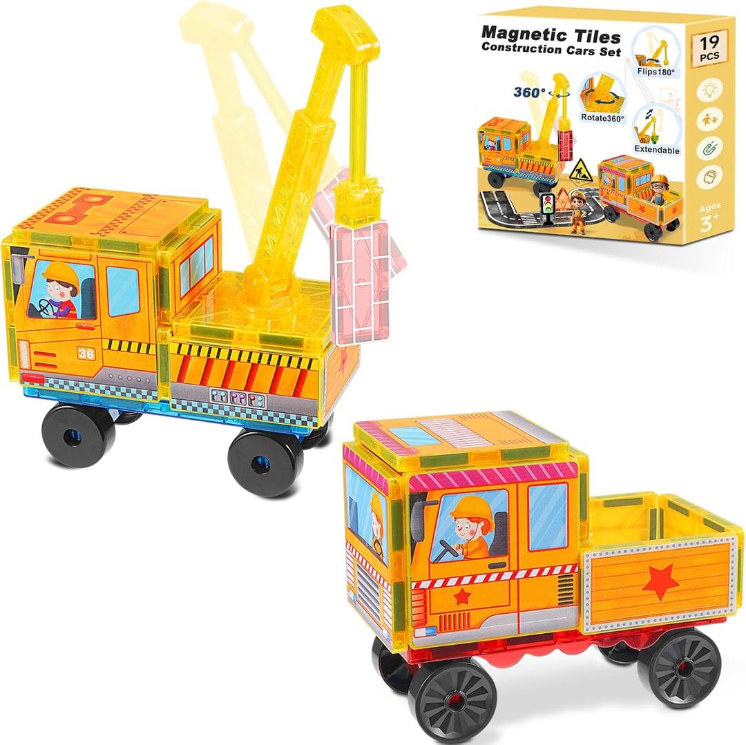Magnetic Tiles Cars Construction Set - 19 PCS Magnetic Tiles Magnet Bricks Truck Sensory Toys, Educational Magnet Cars Set Building Blocks for 3 4 5 6 7 8+ Year Old Girls Boys Toddler Expansion Set
