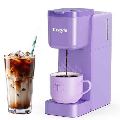Tastyle Single Serve Coffee Maker Hot and Iced with Bold Brew, Small Coffee Machine for K Cup and Ground, Fits 7.3'' Travel Mug, Brews up to 16 Oz, 5 Cup Sizes, Compact for Office, RV& Hotel, Lavender