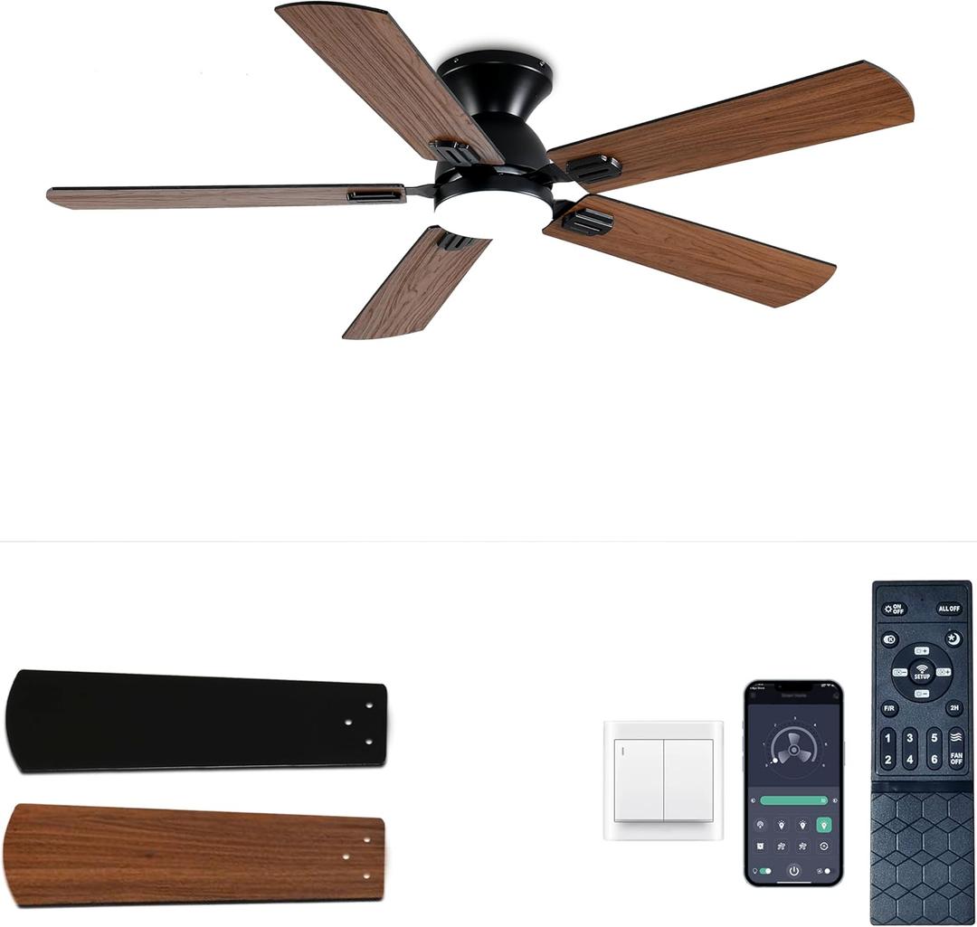 52 inch Ceiling Fans with Lights, Brown Low Profile Ceiling Fan with Remote Control and App, Double-sided Fan Blades, 3CCT Dimmable LED, Noiseless, Flush Mount Ceiling Fan for Bedroom, Patio