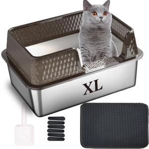 Suhaco Side Entry Litter Box Large Stainless Steel, High Walls Deep Kitty Litter Boxes with High Side Removable Lid, Litter Mat and Scoop Included for Medium & Large Cats (Tall Black)