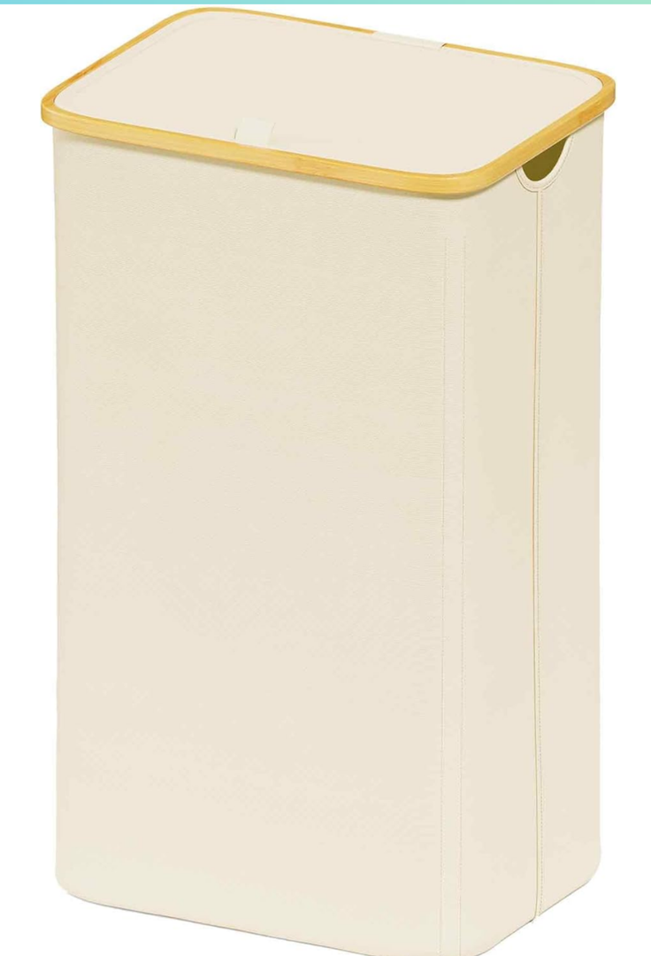 SUOCO Laundry Hamper with Lid, 29 Gal (110L) Clothes Basket with Bamboo Handles, Large Foldable Laundry Hamper for Bedroom, Bathroom, Dorm, Laundry Room - Beige
