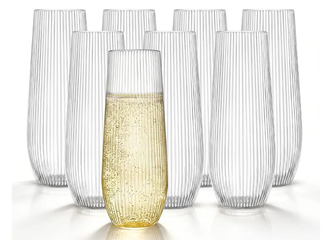 HOMIP 36pcs Clear Plastic Champagne Flutes - 9oz Disposable Champagne Flutes Stemless Toasting Glasses, Ribbed Ripple Design (BPA-Free) for Weddings, Bars & Events - Disposable Party Cups