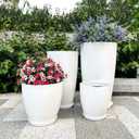 ZMTECH 24/21/12/10" H Large Plastic Planters with Drainage Hole and Saucer -Set of 4 Tall Plant Pots for Indoor & Outdoor Use,White Glossy Smooth Lightweight Flower Pot for Front Porch Patio Deck