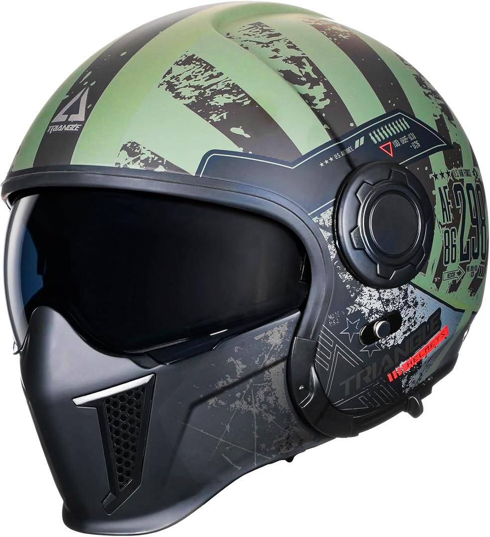TRIANGLE Full Face Motorcycle Helmets,Off-Road Motocross Helmet for Men & Women,Dual Visor with Internal Tinted Sunshield,Open Face 3/4 Adult Racing Helmet DOT Approved(XL) (Green)