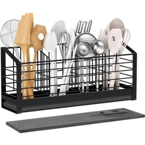 Extra Large Utensil Holder for Kitchen Counter, Kitchen Cooking Utensil Holder Organizer Kitchen Utensil Racks with Drying Base Cooking Tools Storage for Countertop Sink Cutlery Holder, 4 Compartments (Black)