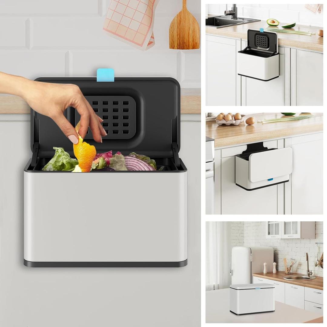 Stainless Steel Hanging Trash Can with Lid and Inner Bucket, 1 Gallon Kitchen Compost Bin for Counter Top, Under Sink or Wall Mount, Small Garbage Can for Cupboard/Bathroom/Bedroom/RV, White (4L/1 GAL)