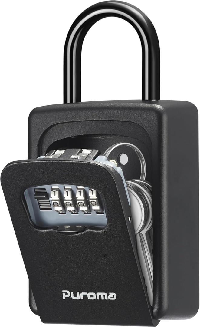 Puroma Lock Box, Large Key Lock Box Resettable Combination Lockbox, Portable Wall Mount Lockbox Security Safe Box for Outside Outdoor Home Office Door Handle House Key, Pure Black (1 Pack)