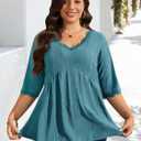 Plus Size Tops for Women 3/4 Lace Sleeve Shirts V Neck Blouses Casual Loose Tunic Tops to Wear with Leggings (XXL)