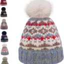Kids Winter Knit Beanie Hat for Boys Girls Age 3-8 with Faux Fur Pom Warm Fleece Lined