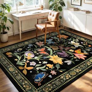 3x5 Entryway Rug Non Slip, Black Washable Floral Area Rug for Bedroom Playroom, Soft Vintage Carpet with Rubber Backing, Stain & Fade Resistant, Low Pile Flower Mat Modern Farmhouse Decor