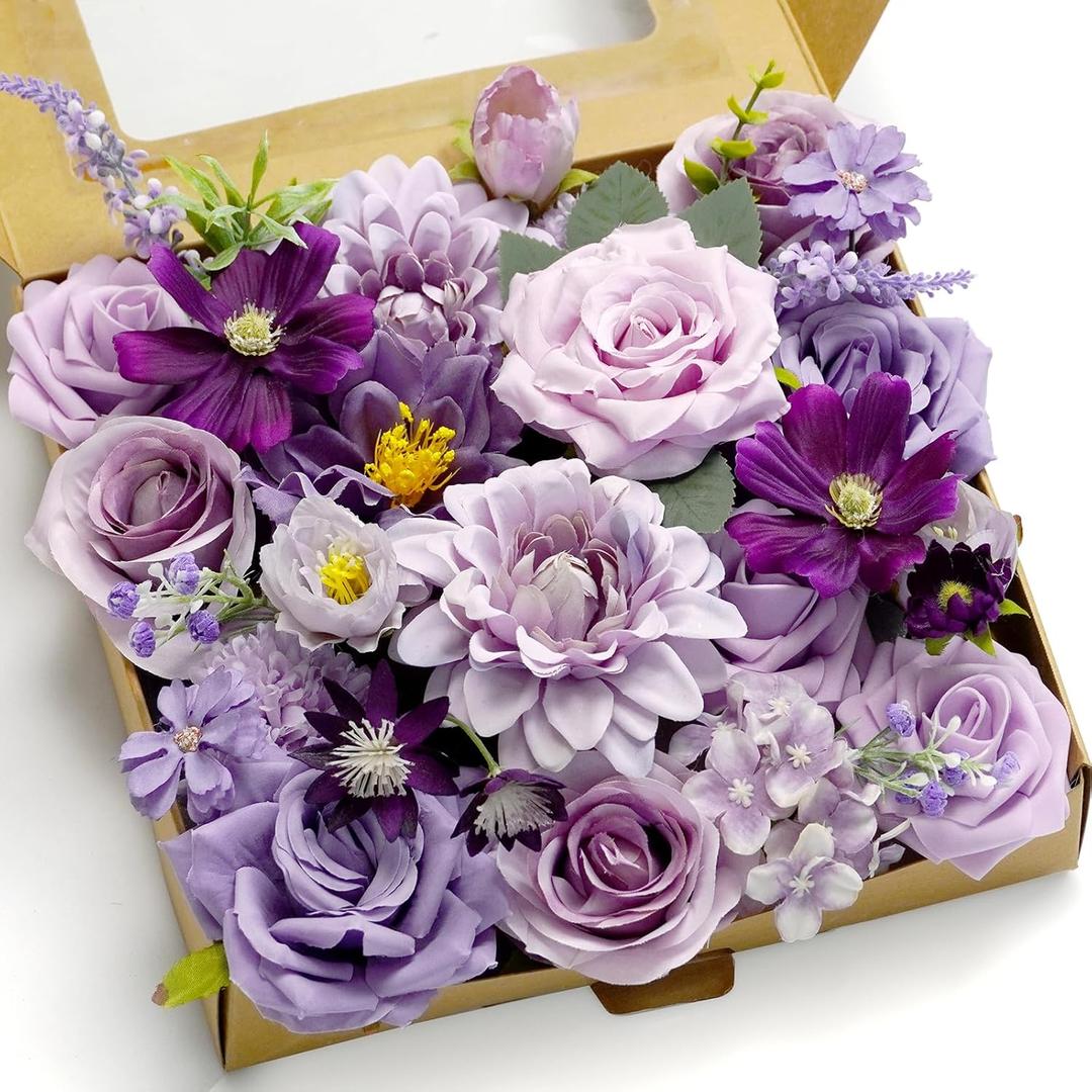 Artificial Flower Purple Combo Box Set Fake Rose Dahlia for DIY Wedding Center Bouquet Bride Baby Shower Party Tables Decoration Floral Arrangements. (Lavender & Dark Purple)