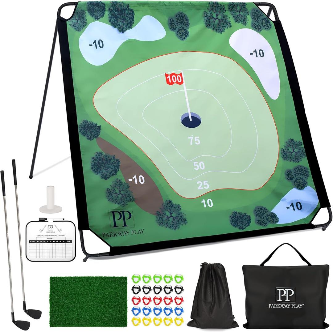 Sticky Golf Chipping Game Set - 6x6 ft Metal Frame Option with Adjustable Clubs, 25 Sticky Balls, Turf Chipping Mat & Scoreboard - Backyard Golf Target Game for All Ages for Indoor/Outdoor Practice