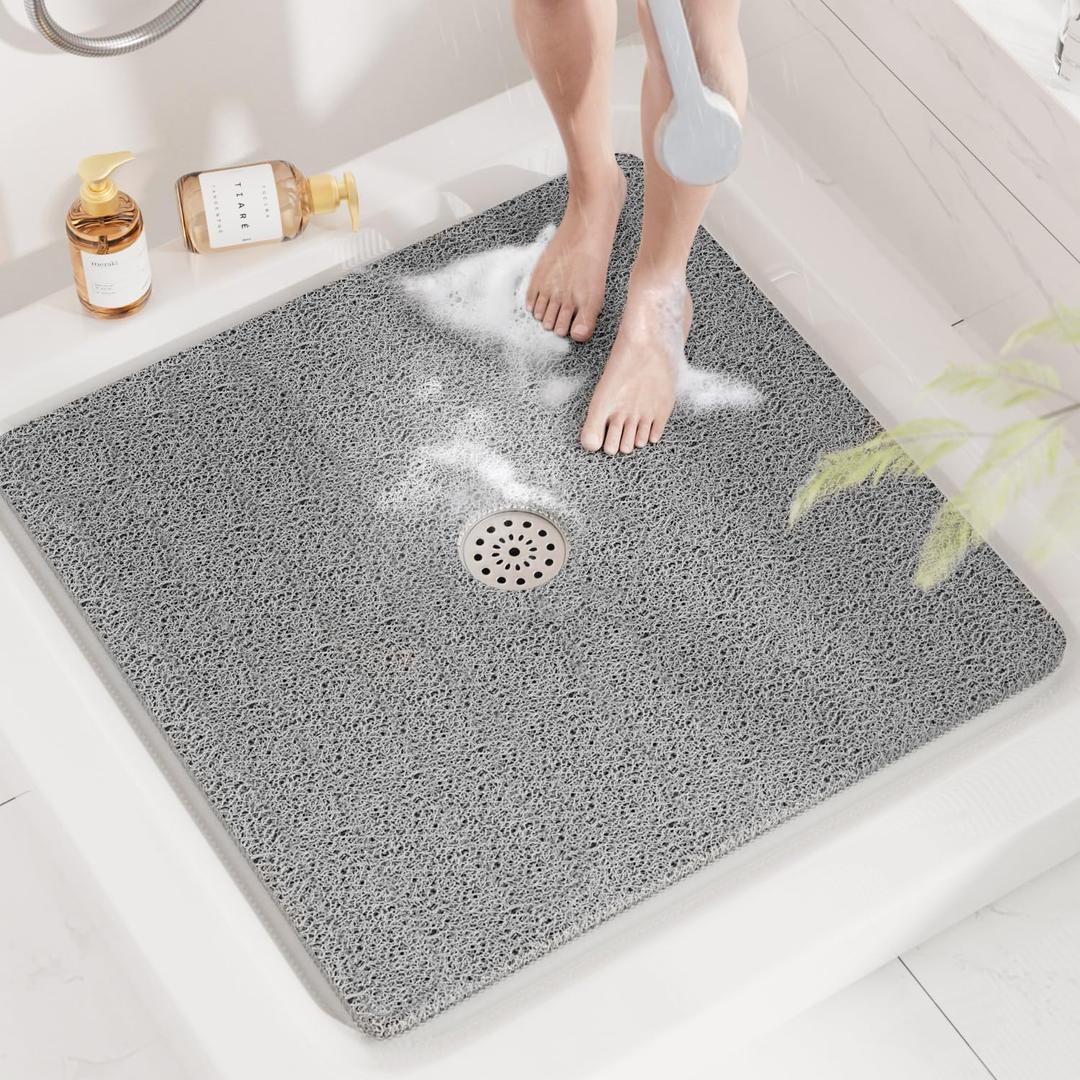 HITSLAM Square Shower Mat, 32 x 32 Inch Non Slip Bath Mat for Tub, Soft PVC Loofah Bathtub Mats with Drain Holes, Quick Drying Bathroom Stall Floor Mat, Bathroom Accessories Without Suction Cup, Grey