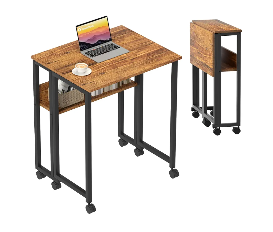 GreenForest Folding Desk Small Rolling Desk with Storage Shelf, 24.8 inch Foldable Computer Desk with Wheels for Small Space, Easy Assembly,Walnut