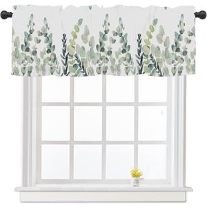 Sage Green Eucalyptus Leaf Curtain Valances for Windows Spring Summer Farmhouse Leaves Kitchen Curtains 54x18 Inch Short Rod Pocket Valance 1 Panel for Living Room Bathroom Bedroom Decor