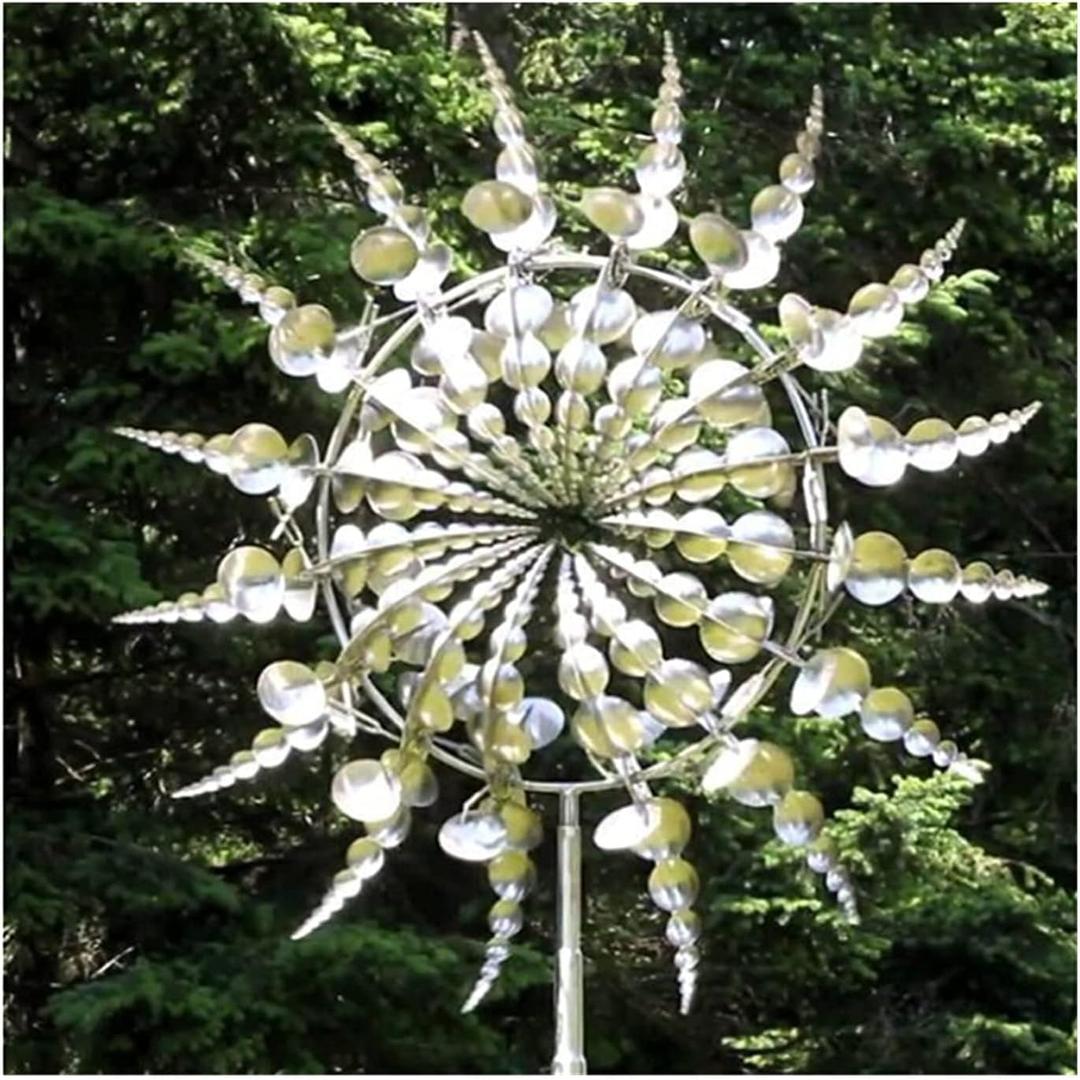 Unique and Magical Metal Windmill,3D Wind Powered Kinetic Sculpture, Lawn Solar Wind Wind Spinners for Yard and Garden, Wind Catchers Metal Outdoor Patio Decoration Wind Sculpture (Silvery)