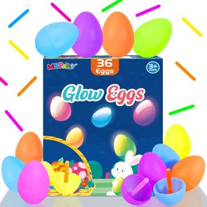 MGparty Glow in The Dark Easter Egg Hunt Set - 36 Fillable Plastic Eggs with 72 Mini Glow Sticks for Kids - Easter Basket Stuffers, Party Favors, Classroom Prizes, and Game Supplies