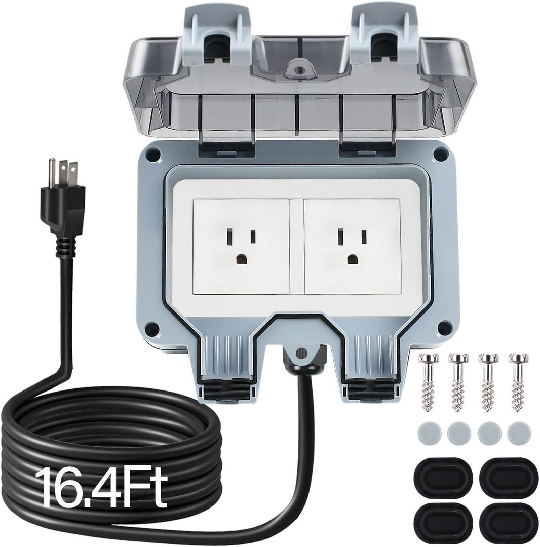 Outdoor Power Outlet Box with 16.4Ft Extension Cord, NEMA 5-15R, STW 14 AWG, Weatherproof Waterproof IP66 Electrical Outlet Extender, Exterior Wall Power Socket w/Cover for Garden