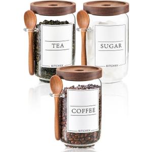 KOSKIMER Coffee Sugar Tea Containers with Scoops, Glass Jars with Wooden Lids and Spoons, Coffee Bar Canisters for Countertop, Decorative Kitchen Canisters Set of 3 (25oz)