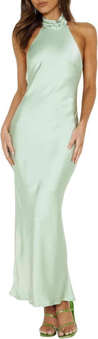 Phicia Sexy Satin Halter Neck Backless Maxi Dress for Women Elegant Tie Cowl Back Formal Wedding Guest Dress for Summer L