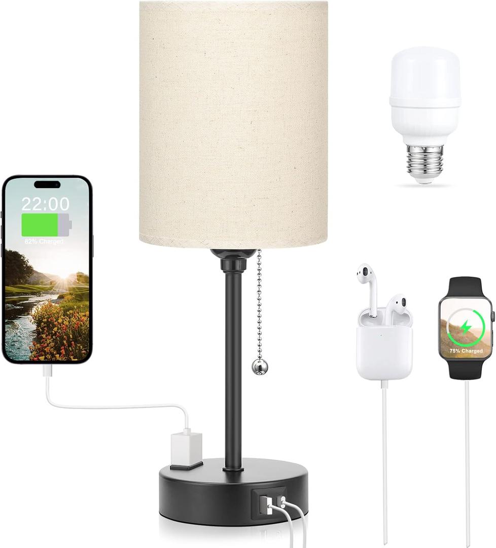 Beige Small Lamps 3 Levels Brightness - 3000K 4000K 5000K Bedside Lamps with USB C and A Ports, Pull Chain Table Lamps with AC Outlet, Nightstand Lamps with Black Metal Base for Bedroom Kids Reading (14.6 in)