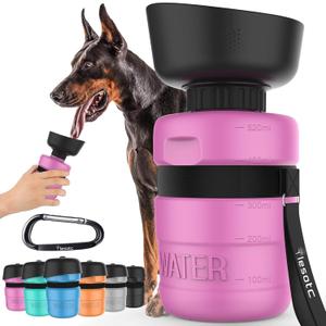 Lesotc Dog Water Bottle, Portable Pet Dispenser with Water Bowl, Leak Proof Pet Travel Squeeze Bottle, Puppy Essentials Dog Stuff Accessories for Outdoor Walking, Hiking, Camping (18 Ounces, Pink)