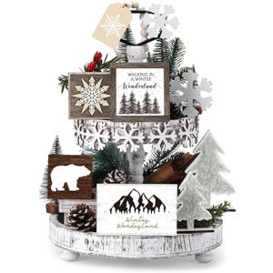 19 Pcs Winter Tiered Tray Decor Snowflakes Wood Rustic Decoration Tiered Sign Table Centerpieces Without Tray for Tabletop Shelf Winter Xmas Home Party Gifts(Ink Wonderland)