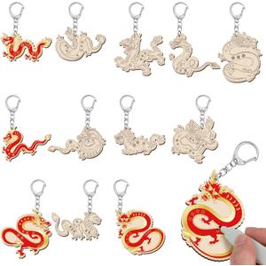 24 Pcs Chinese New Year Dragon Craft Color Your Own Keychains DIY Craft Wooden Blank Keychains for Sunday School Classroom Home Active Party Favors Gifts, 12 Styles