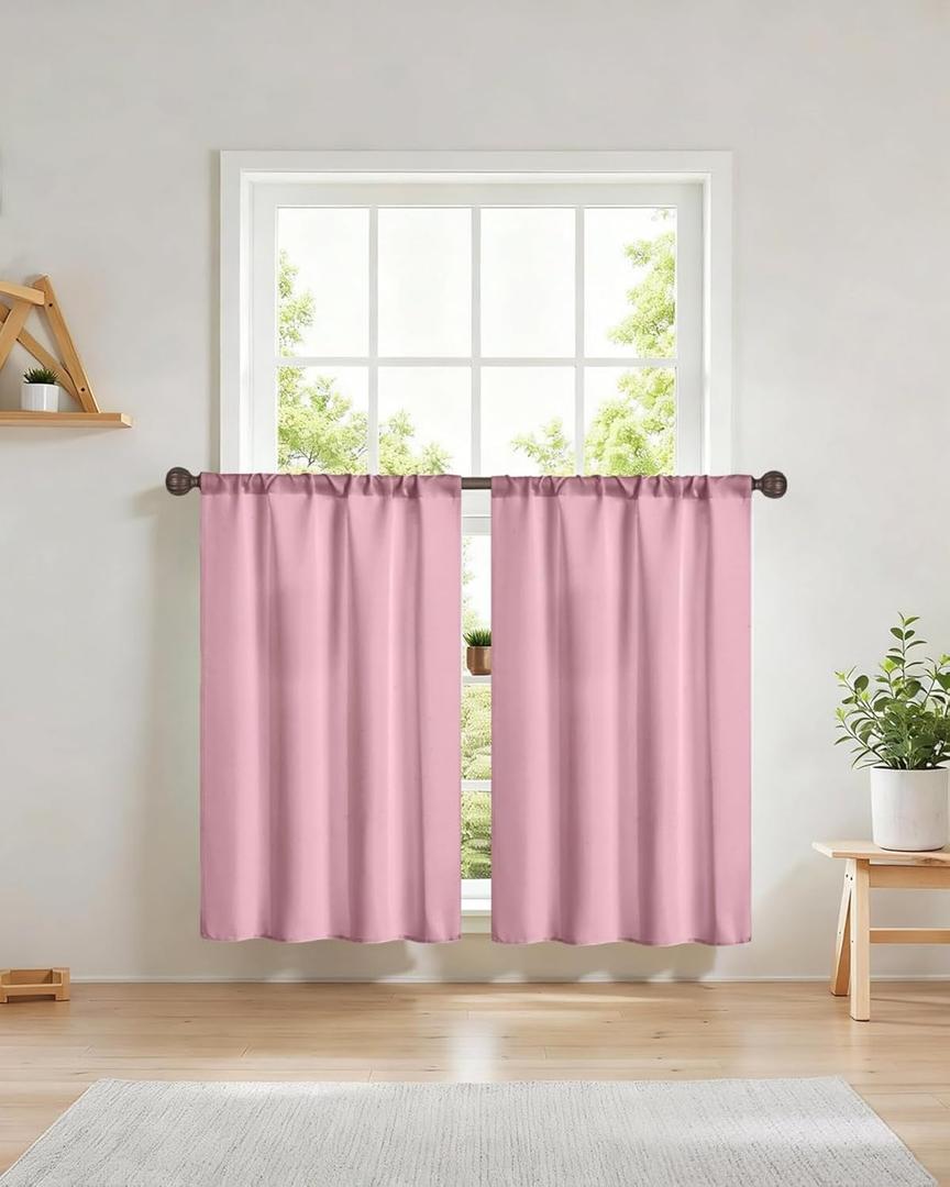 Easy Home Short Blackout Window Curtain Rod Pocket Thermal Privacy Curtain Tiers 36 Inch Length for Kitchen Farmhouse Closet, Living Room, Bathroom Shades (Pink, 27" W X 36" L (Pack of 2))