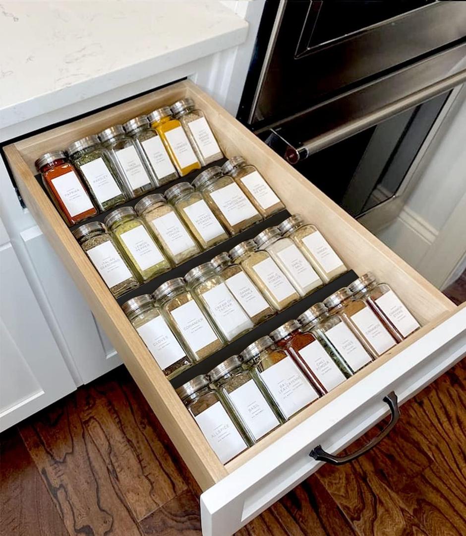 MIUKAA Black Spice Drawer Organizer, 2 Tier- 4 Pack Acrylic Drawer Seasoning Organizer, Expandable From 9'' to 18''Kitchen Spice Rack Tray for Drawer/Countertop (Jars not included)