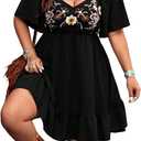 Women's Plus Size Western Dress Floral Embroidered Cowgirl Outfits Country Mini Flowy Boho Fall Dress (Large, Black)
