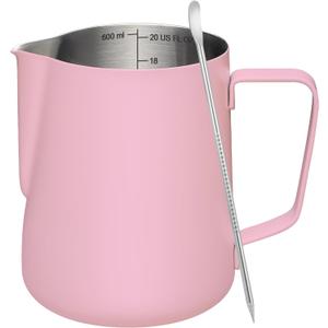 Milk Frothing Pitcher, 20 oz Milk Frother Cup with Clear Scale, 304 Stainless Steel Cappuccino Espresso Machine Accessories for Barista Coffee Bar with Latte Art Pen, Pink