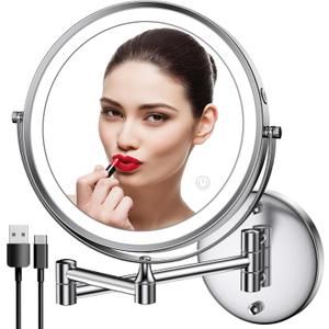 Rocollos Rechargeable Wall Mounted Lighted Makeup Mirror, 8 Inch Double-Sided LED Vanity Mirror 1X/7X Magnification,3 Color Lights Touch Screen Dimmable 360Swivel 13 Inch Extendable