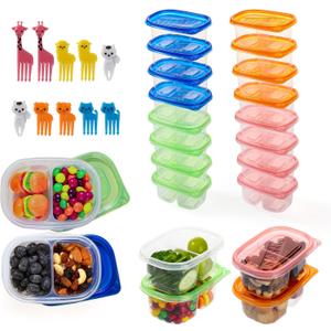 20 Pcs Reusable Snack Containers with Lids, 2-Compartment BPA-Free Portion Control for Bento Box & Meal Prep, On-the-Go for Kids Adults, Refrigerator Safe with 10 Animal Forks (4 Color Lids)