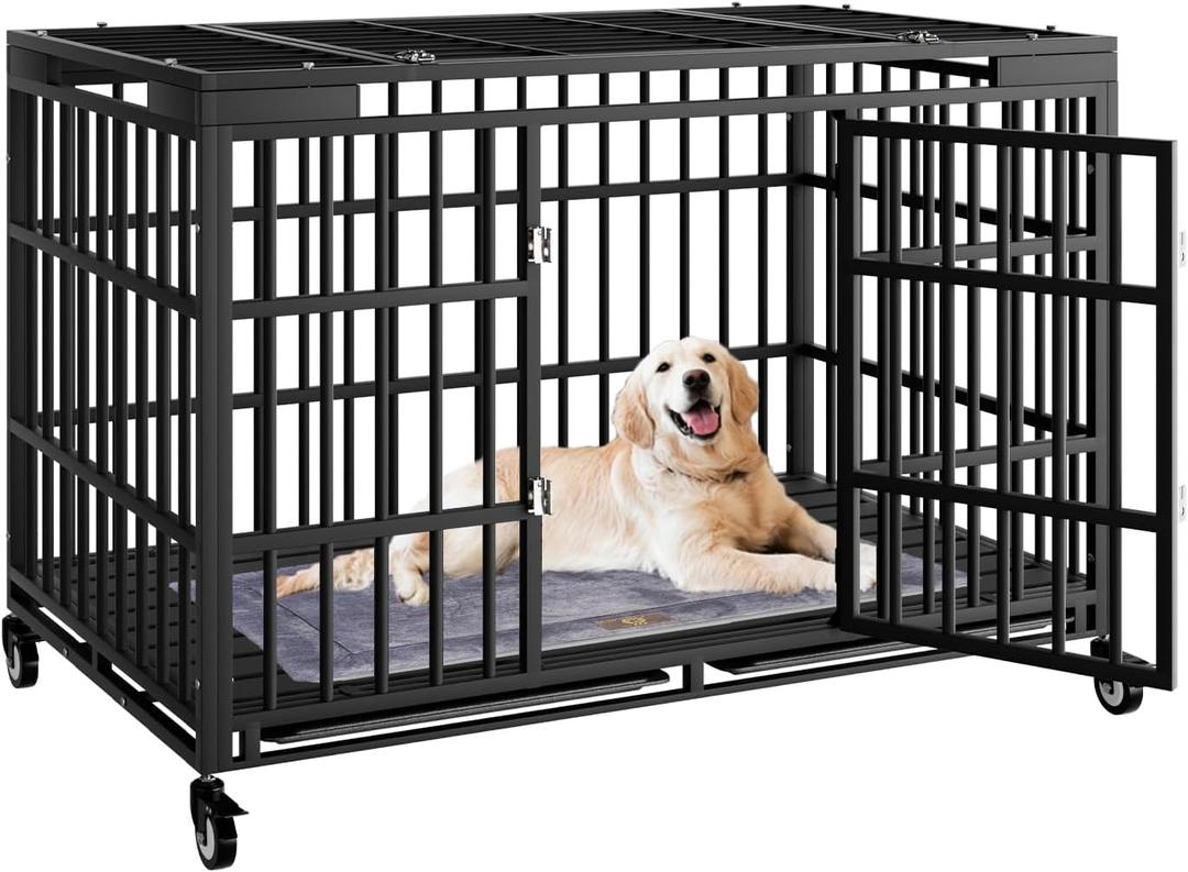 54 Inch Heavy Duty Dog Crate with WheelsIndestructible Escape-Proof Dog Cage for Large Dogs, Extra Large XL XXL Indestructible Dog Crate with Removable Tray. (53.1"L x 30.0"W x 32.3"H, Black)