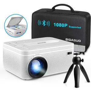 BIGASUO HD 9000L Bluetooth Projector Built in DVD Player, Mini Projector 1080P and 250Supported with Tripod/ Carry Bag, Projector Compatible w/ TV Stick, PS5, Laptop, Portable Outdoor Movie Projector