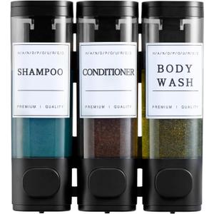 Shampoo and Conditioner Dispenser,Shower Soap Dispenser 3 Chamber No Drill Wall-Mounted for Bathroom & Hotel Leak-Proof Pumps, for Thick Liquids Like Conditioner - 1050ML High Capacity, Black