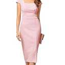 JASAMBAC Women's Vintage Midi Pencil Dress Tweed Cap Sleeve Sheath Dress Square Neck Work Dresses (10, Black)