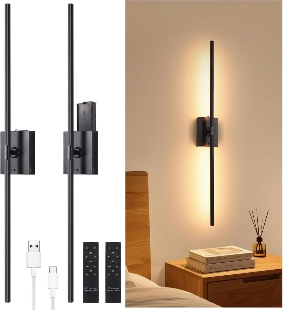 Shenmoyl Battery Operated Wall Sconce Set of 2, 10000mAh Rechargeable Wall Sconces with Detachable Battery, Indoor 350Rotate Wall Lights for Bedroom Living Room, Black, 31.5 Inch